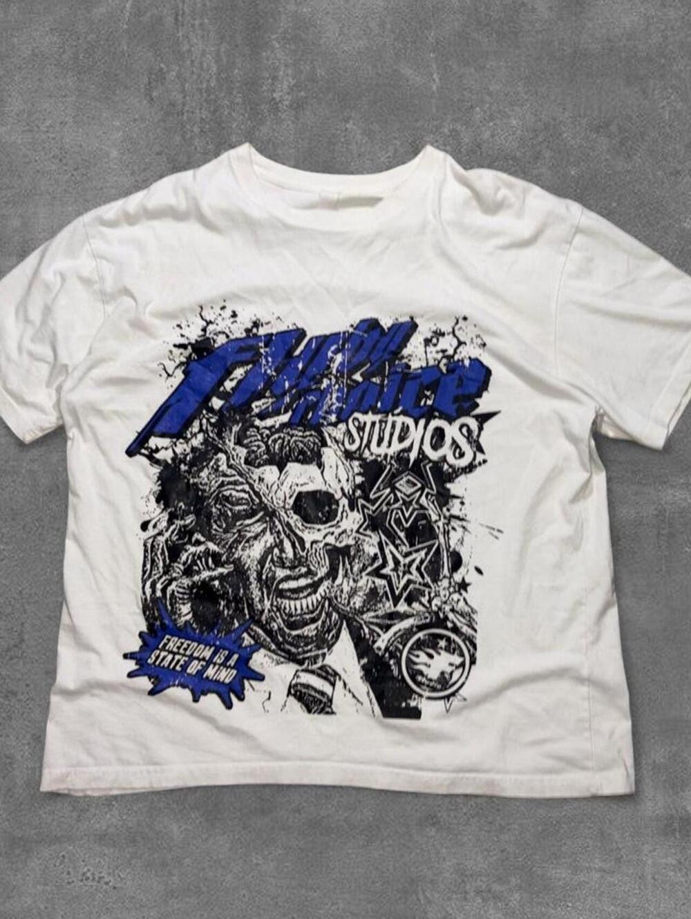 Full Throttle Studios Skull Biker Graphic Tee White Y2K Motorcycle